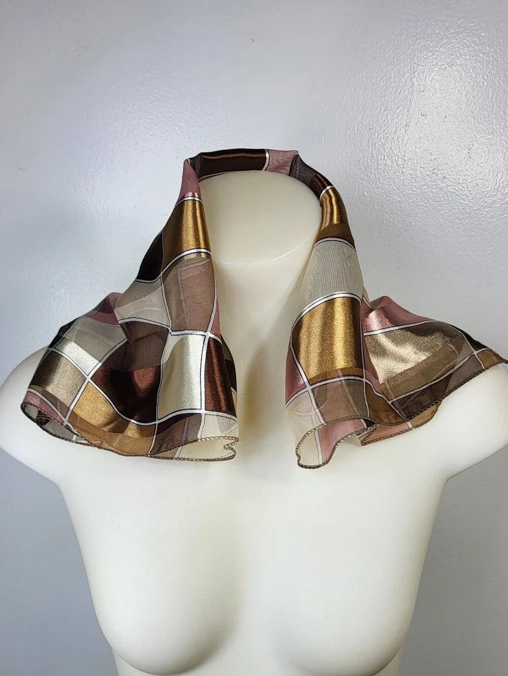 1960's 70's Style Silk-Feel Plaid Neck Scarf in Brown and Gold 20